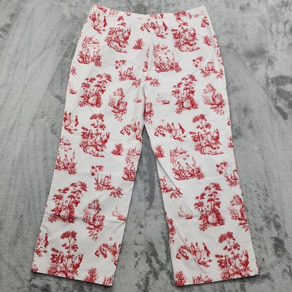 Vintage Kathy Ireland Pants Womens 19 Red Oriental Toile Straight Leg Crop Capri - Picture 2 of 14